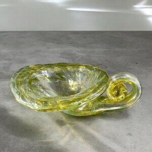 Vintage Sooner‎ Glass Hand Made Green Swirls Dish Bowl Handmade Cornucopia Bowl